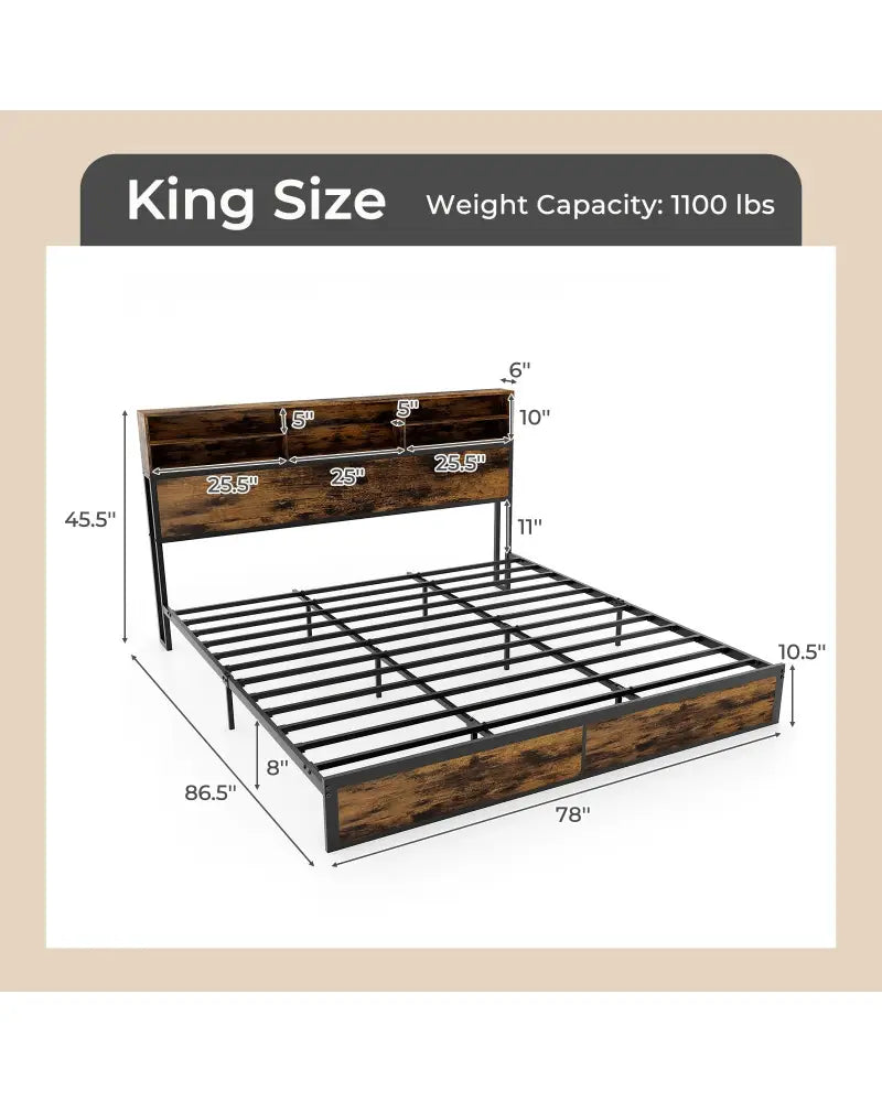 Twin/Full/Queen/King Size Bed Frame with Storage Headboard Industrial Metal Platform Bed-King Size - Rustic Brown