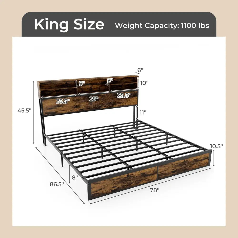 Twin/Full/Queen/King Size Bed Frame with Storage Headboard Industrial Metal Platform Bed-King Size - Rustic Brown