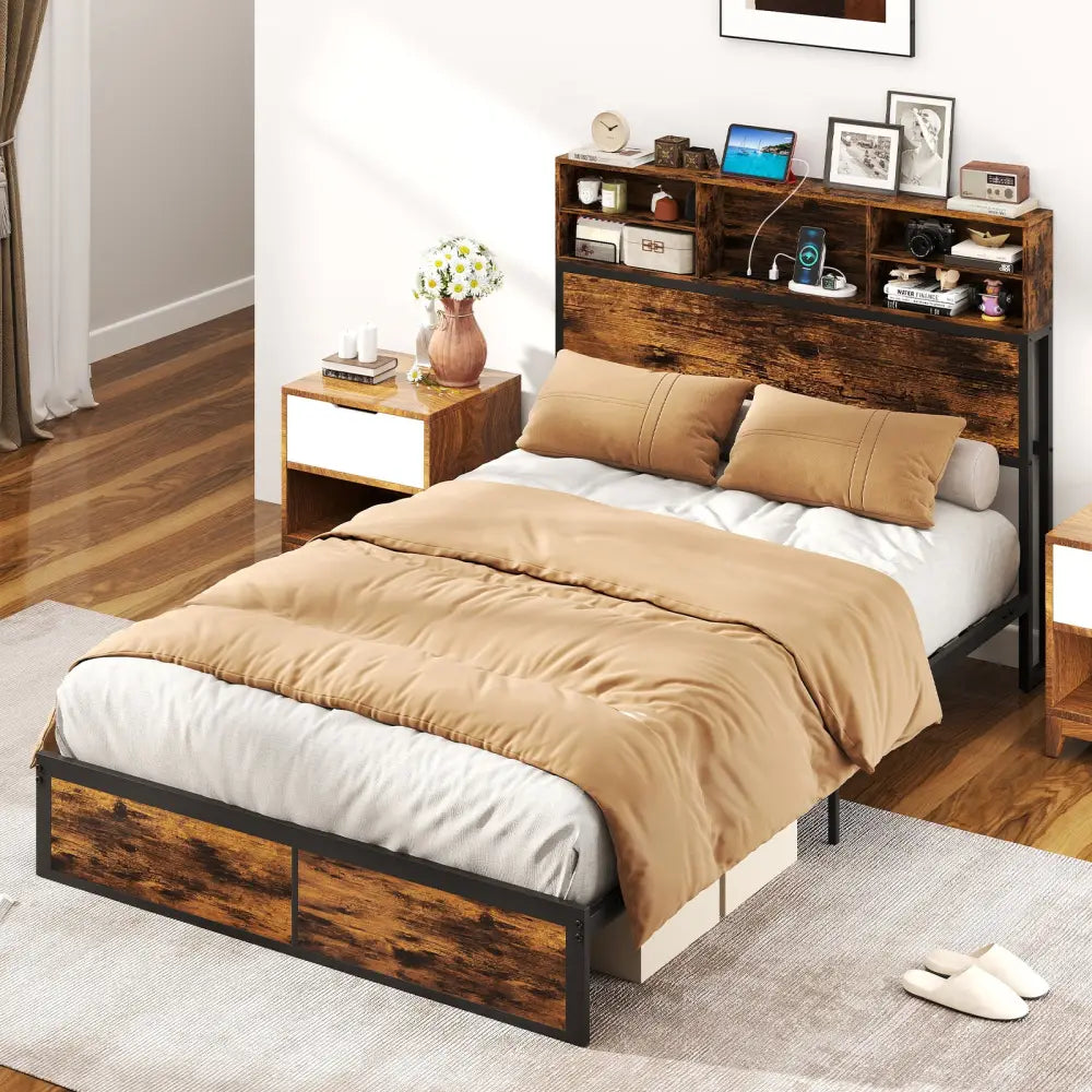 Twin/Full/Queen/King Size Bed Frame with Storage Headboard Industrial Metal Platform Bed-Full Size - Rustic Brown