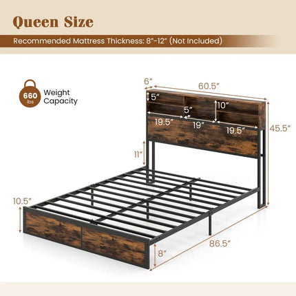 Twin/Full/Queen/King Size Bed Frame with Storage Headboard Industrial Metal Platform Bed-Queen Size - Rustic Brown