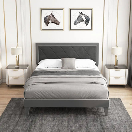 Twin/Full/Queen Platform Bed with High Headboard and Wooden Slats-Queen Size - Black & Gray - Simple Bed Frame