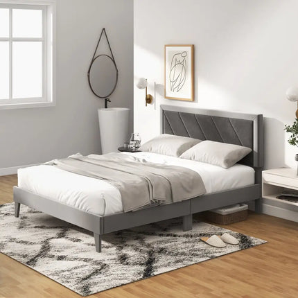 Twin/Full/Queen Platform Bed with High Headboard and Wooden Slats-Queen Size - Black & Gray - Simple Bed Frame