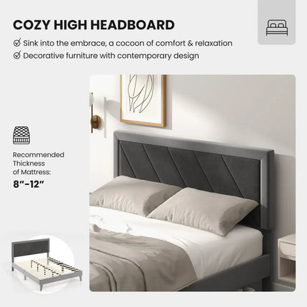 Twin/Full/Queen Platform Bed with High Headboard and Wooden Slats-Full Size - Black & Gray - Simple Bed Frame