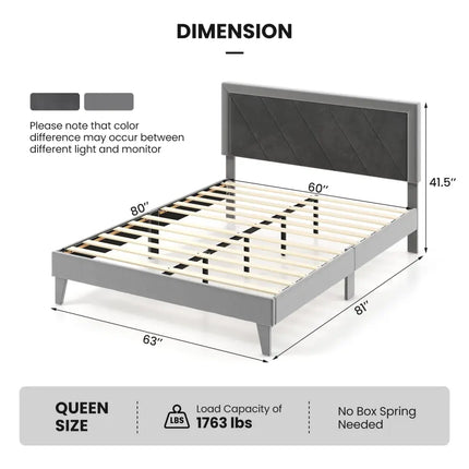 Twin/Full/Queen Platform Bed with High Headboard and Wooden Slats-Queen Size - Black & Gray - Simple Bed Frame