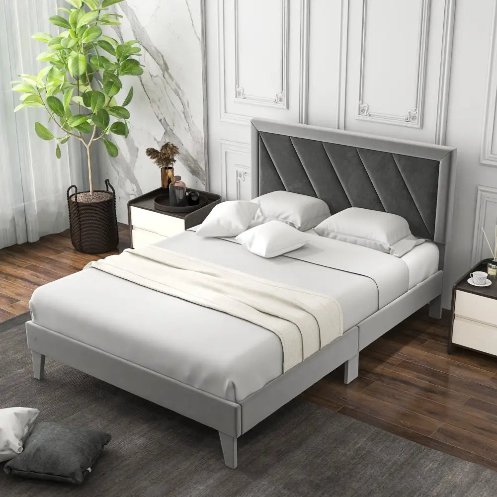 Twin/Full/Queen Platform Bed with High Headboard and Wooden Slats-Full Size - Black & Gray - Simple Bed Frame
