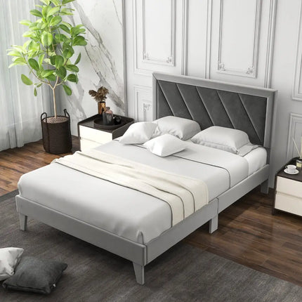Twin/Full/Queen Platform Bed with High Headboard and Wooden Slats-Full Size - Black & Gray - Simple Bed Frame