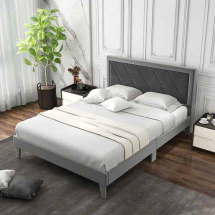 Twin/Full/Queen Platform Bed with High Headboard and Wooden Slats-Queen Size - Black & Gray - Simple Bed Frame