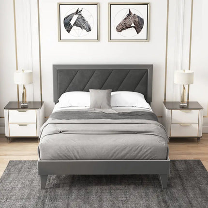 Twin/Full/Queen Platform Bed with High Headboard and Wooden Slats-Full Size - Black & Gray - Simple Bed Frame