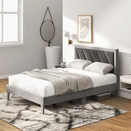 Twin/Full/Queen Platform Bed with High Headboard and Wooden Slats-Full Size - Black & Gray - Simple Bed Frame