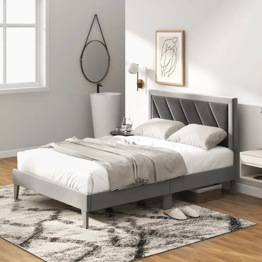 Twin/Full/Queen Platform Bed with High Headboard and Wooden Slats-Full Size - Black & Gray - Simple Bed Frame