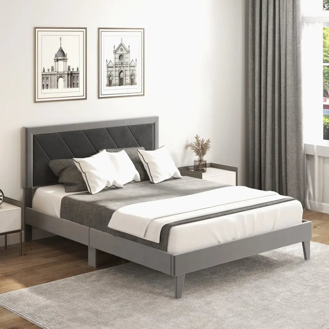 Twin/Full/Queen Platform Bed with High Headboard and Wooden Slats-Queen Size - Black & Gray - Simple Bed Frame