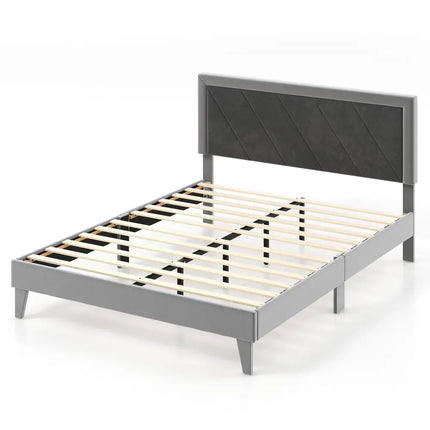 Twin/Full/Queen Platform Bed with High Headboard and Wooden Slats-Queen Size - Black & Gray - Simple Bed Frame
