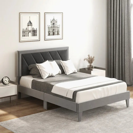 Twin/Full/Queen Platform Bed with High Headboard and Wooden Slats-Full Size - Black & Gray - Simple Bed Frame