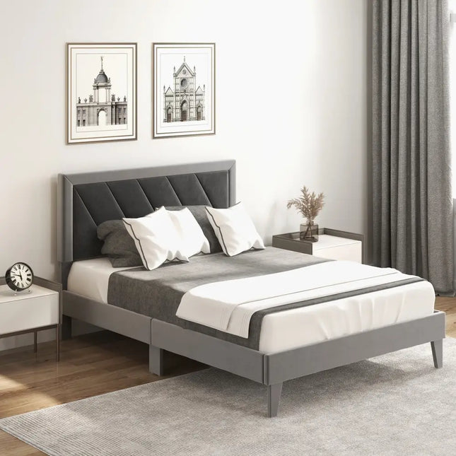 Twin/Full/Queen Platform Bed with High Headboard and Wooden Slats-Full Size - Black & Gray - Simple Bed Frame
