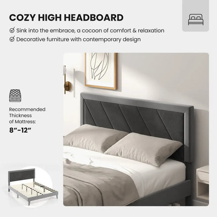 Twin/Full/Queen Platform Bed with High Headboard and Wooden Slats-Queen Size - Black & Gray - Simple Bed Frame