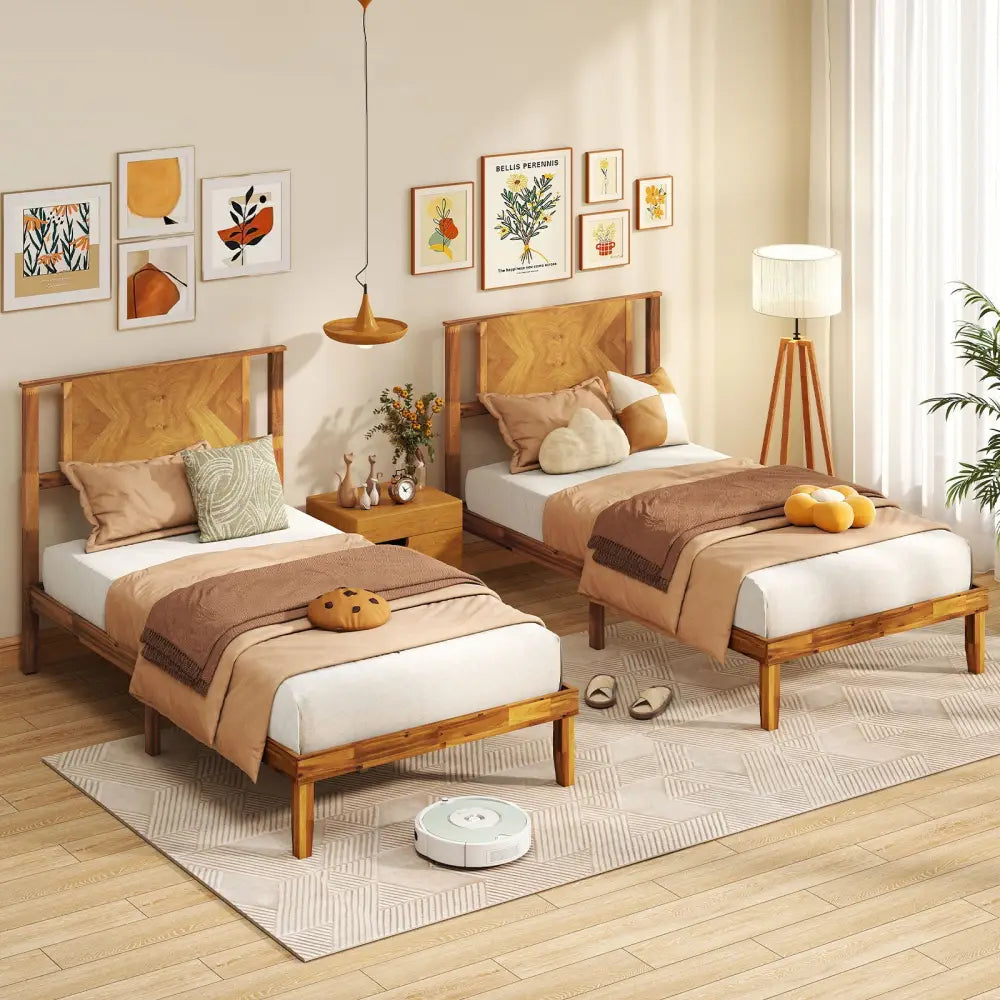 Twin/Full/Queen Size Bed Frame Mid-Century Acacia Wood Platform Bed with Headboard-Twin Size - Simple Bed Frame