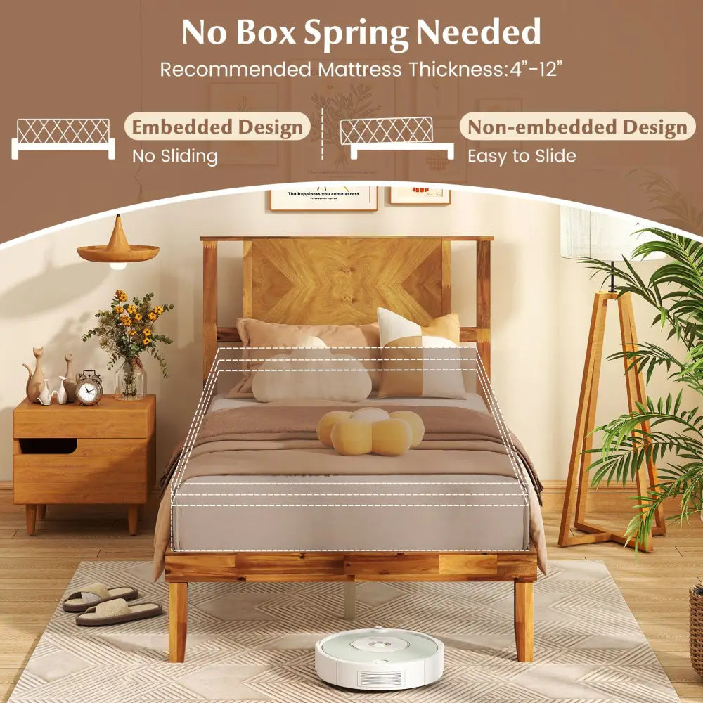 Twin/Full/Queen Size Bed Frame Mid-Century Acacia Wood Platform Bed with Headboard-Twin Size - Simple Bed Frame