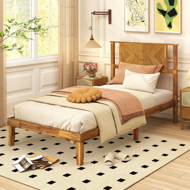 Twin/Full/Queen Size Bed Frame Mid-Century Acacia Wood Platform Bed with Headboard-Twin Size - Simple Bed Frame