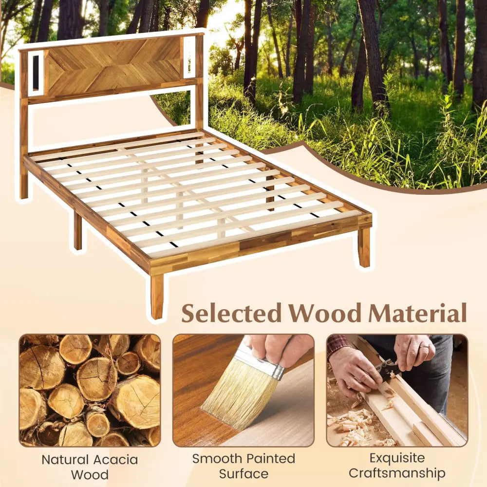 Twin/Full/Queen Size Bed Frame Mid-Century Acacia Wood Platform Bed with Headboard-Full Size - Simple Bed Frame