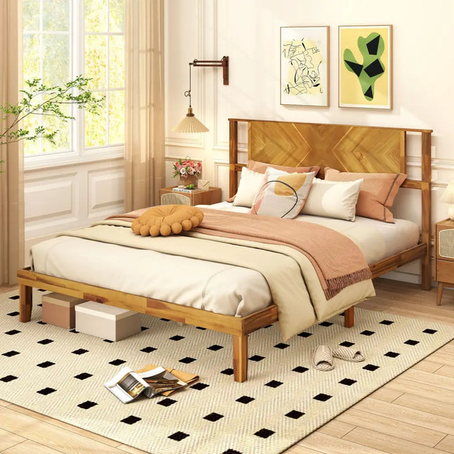 Twin/Full/Queen Size Bed Frame Mid-Century Acacia Wood Platform Bed with Headboard-Queen Size - Simple Bed Frame