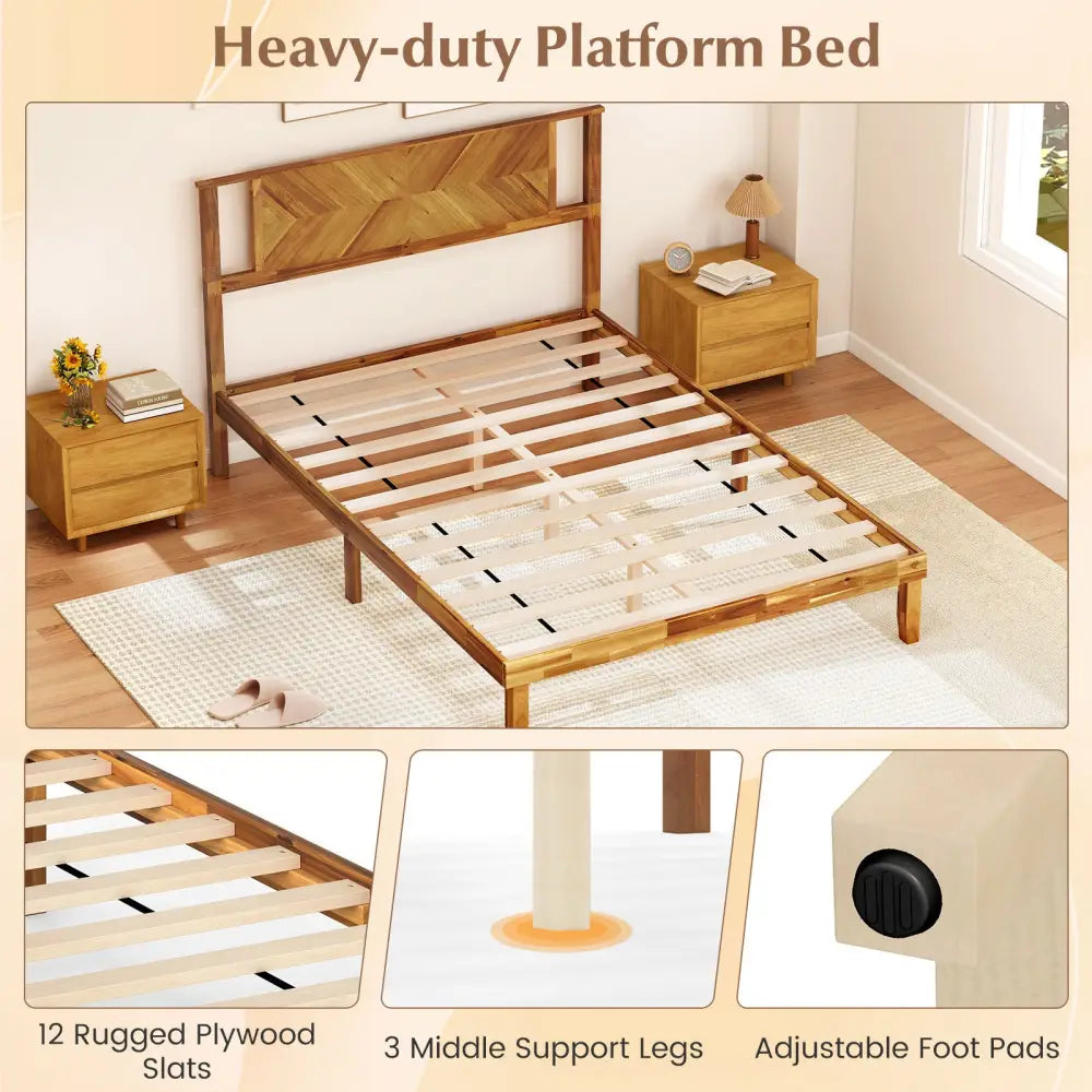 Twin/Full/Queen Size Bed Frame Mid-Century Acacia Wood Platform Bed with Headboard-Full Size - Simple Bed Frame