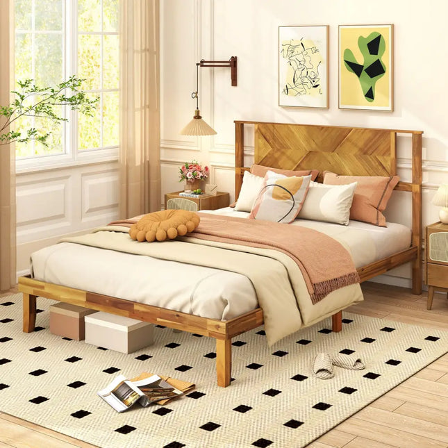 Twin/Full/Queen Size Bed Frame Mid-Century Acacia Wood Platform Bed with Headboard-Full Size - Simple Bed Frame