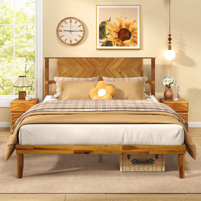 Twin/Full/Queen Size Bed Frame Mid-Century Acacia Wood Platform Bed with Headboard-Queen Size - Simple Bed Frame