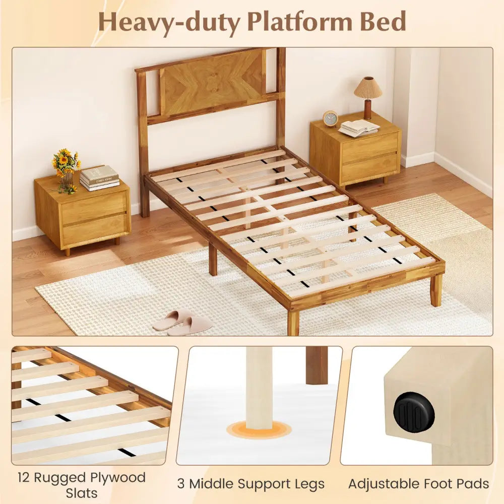 Twin/Full/Queen Size Bed Frame Mid-Century Acacia Wood Platform Bed with Headboard-Twin Size - Simple Bed Frame