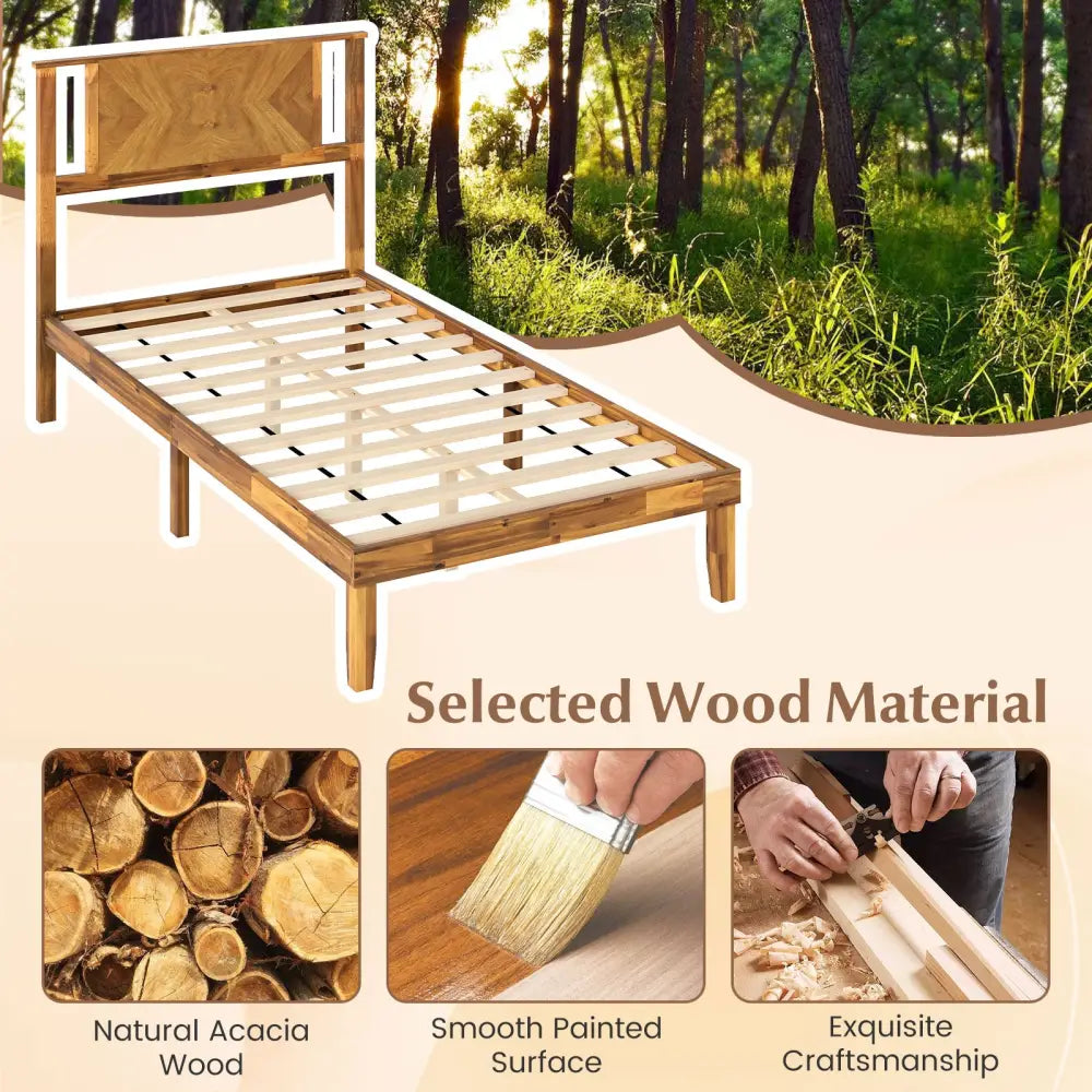 Twin/Full/Queen Size Bed Frame Mid-Century Acacia Wood Platform Bed with Headboard-Twin Size - Simple Bed Frame