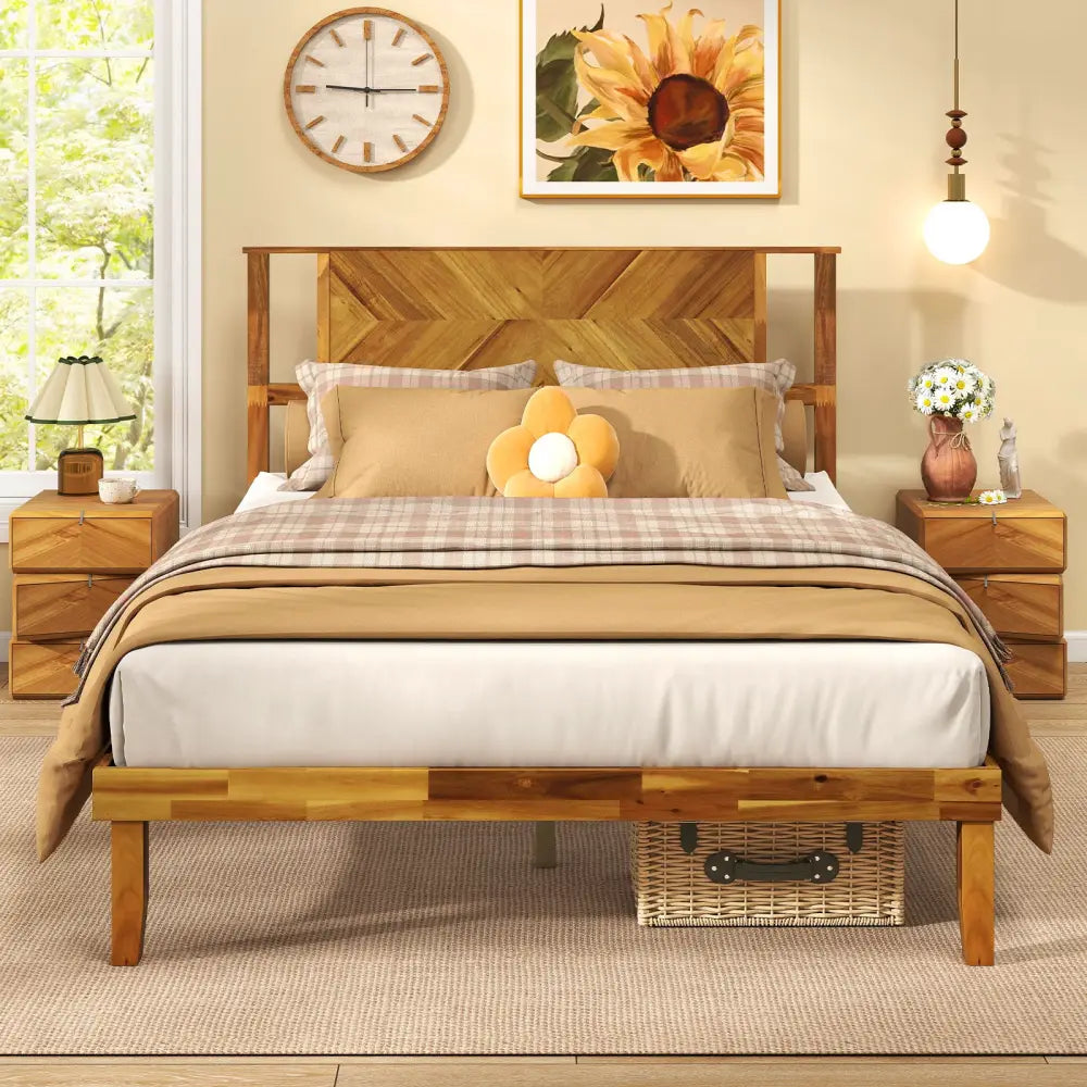 Twin/Full/Queen Size Bed Frame Mid-Century Acacia Wood Platform Bed with Headboard-Full Size - Simple Bed Frame