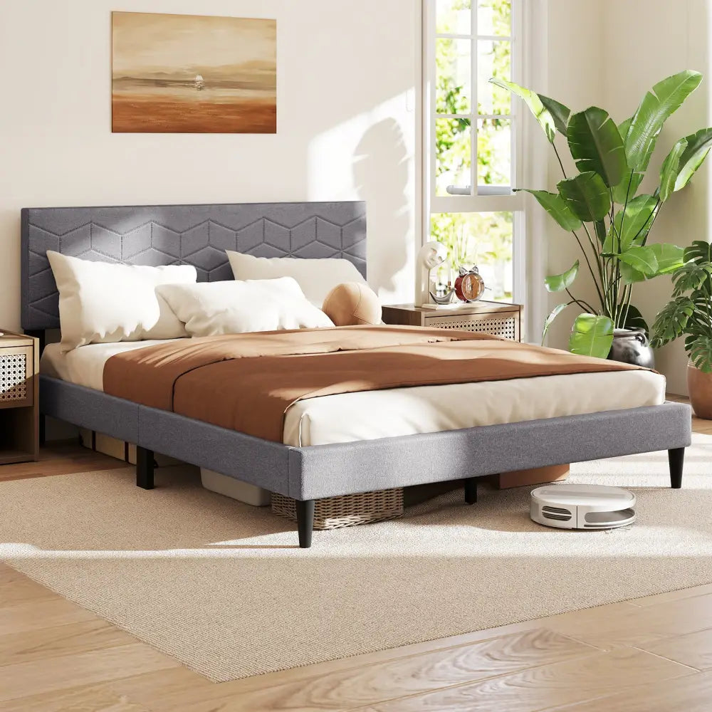 Twin/Full/Queen Size Bed Frame Modern Platform Bed with Linen Fabric Upholstered Headboard-Queen - Gray - Simple Bed