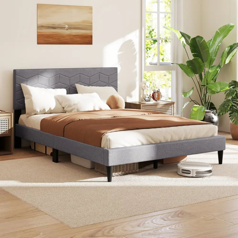 Twin/Full/Queen Size Bed Frame Modern Platform Bed with Linen Fabric Upholstered Headboard-Full - Gray - Simple Bed