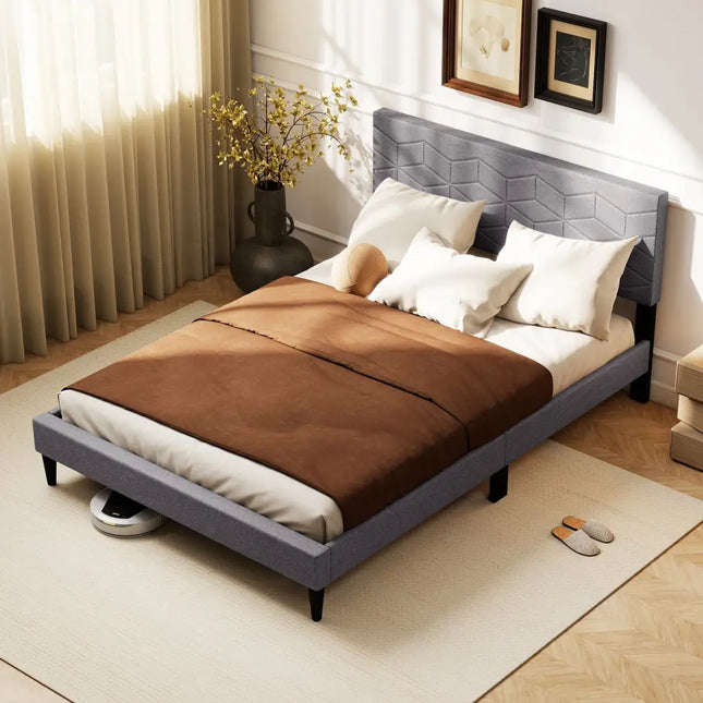 Twin/Full/Queen Size Bed Frame Modern Platform Bed with Linen Fabric Upholstered Headboard-Full - Gray - Simple Bed