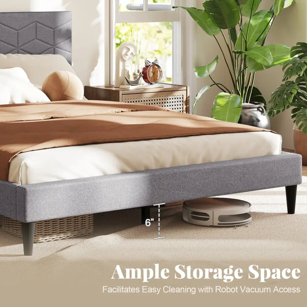 Twin/Full/Queen Size Bed Frame Modern Platform Bed with Linen Fabric Upholstered Headboard-Queen - Gray - Simple Bed