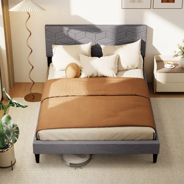 Twin/Full/Queen Size Bed Frame Modern Platform Bed with Linen Fabric Upholstered Headboard-Full - Gray - Simple Bed