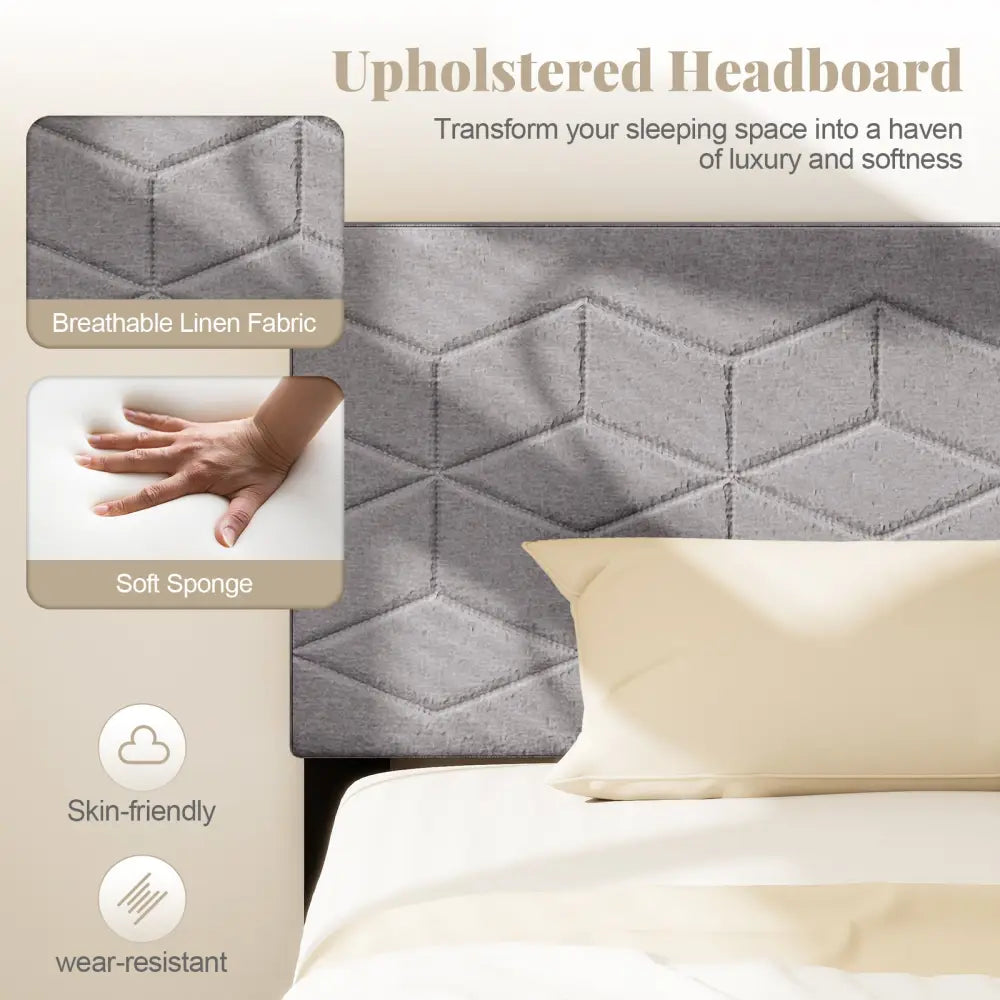 Twin/Full/Queen Size Bed Frame Modern Platform Bed with Linen Fabric Upholstered Headboard-Twin - Gray - Simple Bed