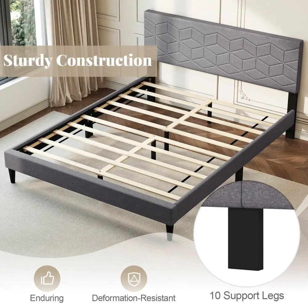 Twin/Full/Queen Size Bed Frame Modern Platform Bed with Linen Fabric Upholstered Headboard-Queen - Gray - Simple Bed