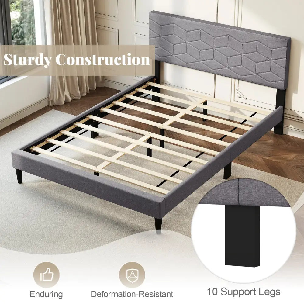 Twin/Full/Queen Size Bed Frame Modern Platform Bed with Linen Fabric Upholstered Headboard-Full - Gray - Simple Bed