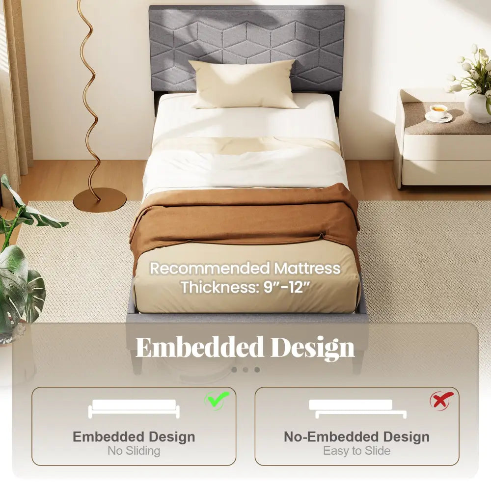 Twin/Full/Queen Size Bed Frame Modern Platform Bed with Linen Fabric Upholstered Headboard-Twin - Gray - Simple Bed