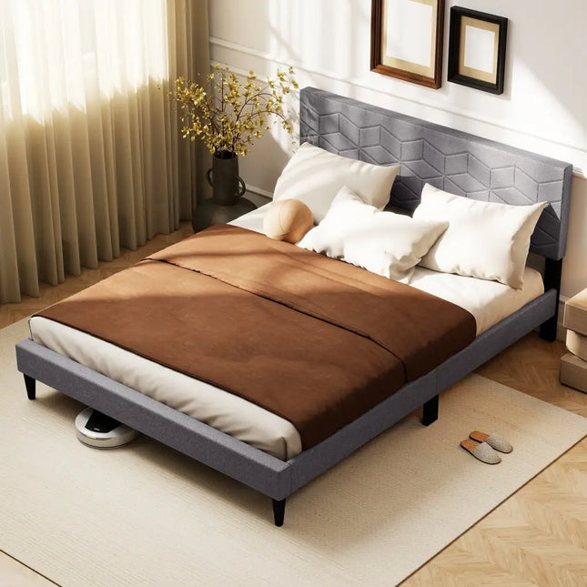 Twin/Full/Queen Size Bed Frame Modern Platform Bed with Linen Fabric Upholstered Headboard-Queen - Gray - Simple Bed