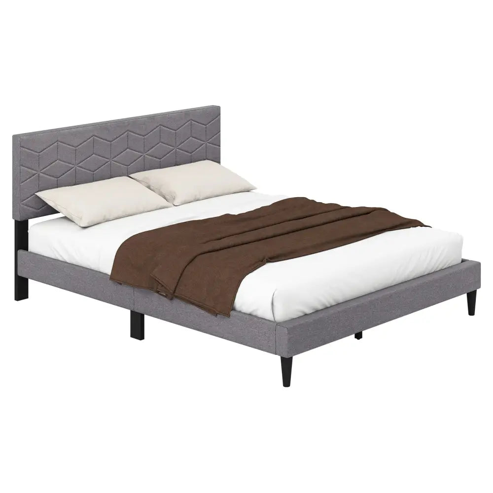 Twin/Full/Queen Size Bed Frame Modern Platform Bed with Linen Fabric Upholstered Headboard-Queen - Gray - Simple Bed