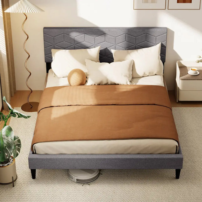 Twin/Full/Queen Size Bed Frame Modern Platform Bed with Linen Fabric Upholstered Headboard-Queen - Gray - Simple Bed