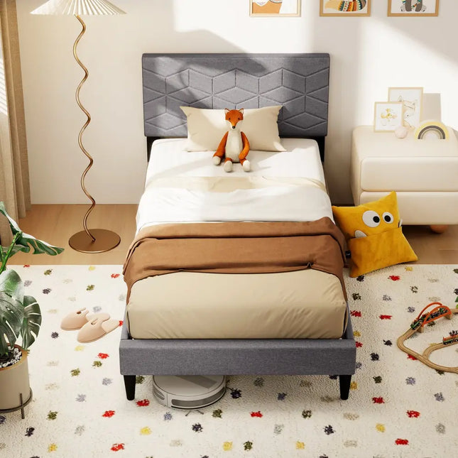 Twin/Full/Queen Size Bed Frame Modern Platform Bed with Linen Fabric Upholstered Headboard-Twin - Gray - Simple Bed