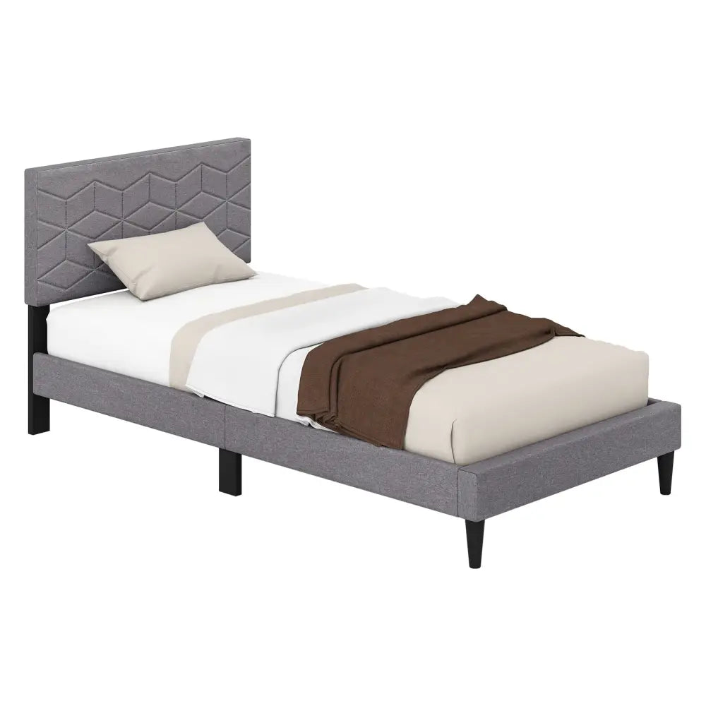 Twin/Full/Queen Size Bed Frame Modern Platform Bed with Linen Fabric Upholstered Headboard-Twin - Gray - Simple Bed