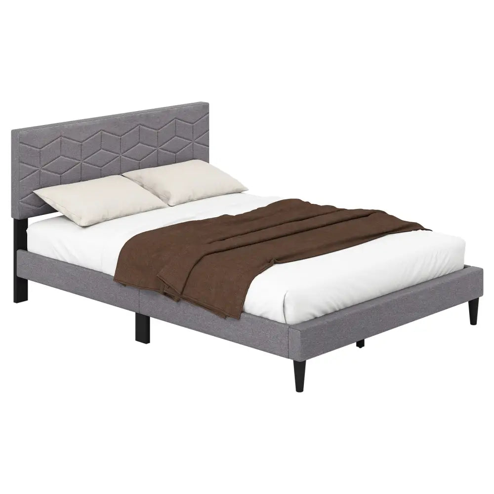 Twin/Full/Queen Size Bed Frame Modern Platform Bed with Linen Fabric Upholstered Headboard-Full - Gray - Simple Bed