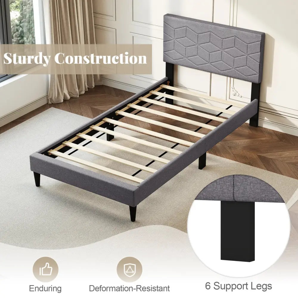 Twin/Full/Queen Size Bed Frame Modern Platform Bed with Linen Fabric Upholstered Headboard-Twin - Gray - Simple Bed
