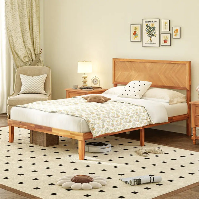 Twin/Full/Queen Size Bed Frame with Headboard and Storage Space-Full Size - Natural - Simple Bed Frame