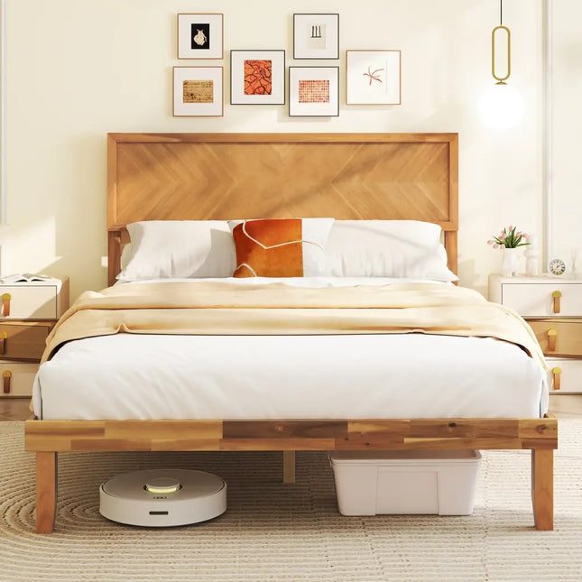 Twin/Full/Queen Size Bed Frame with Headboard and Storage Space-Full Size - Natural - Simple Bed Frame