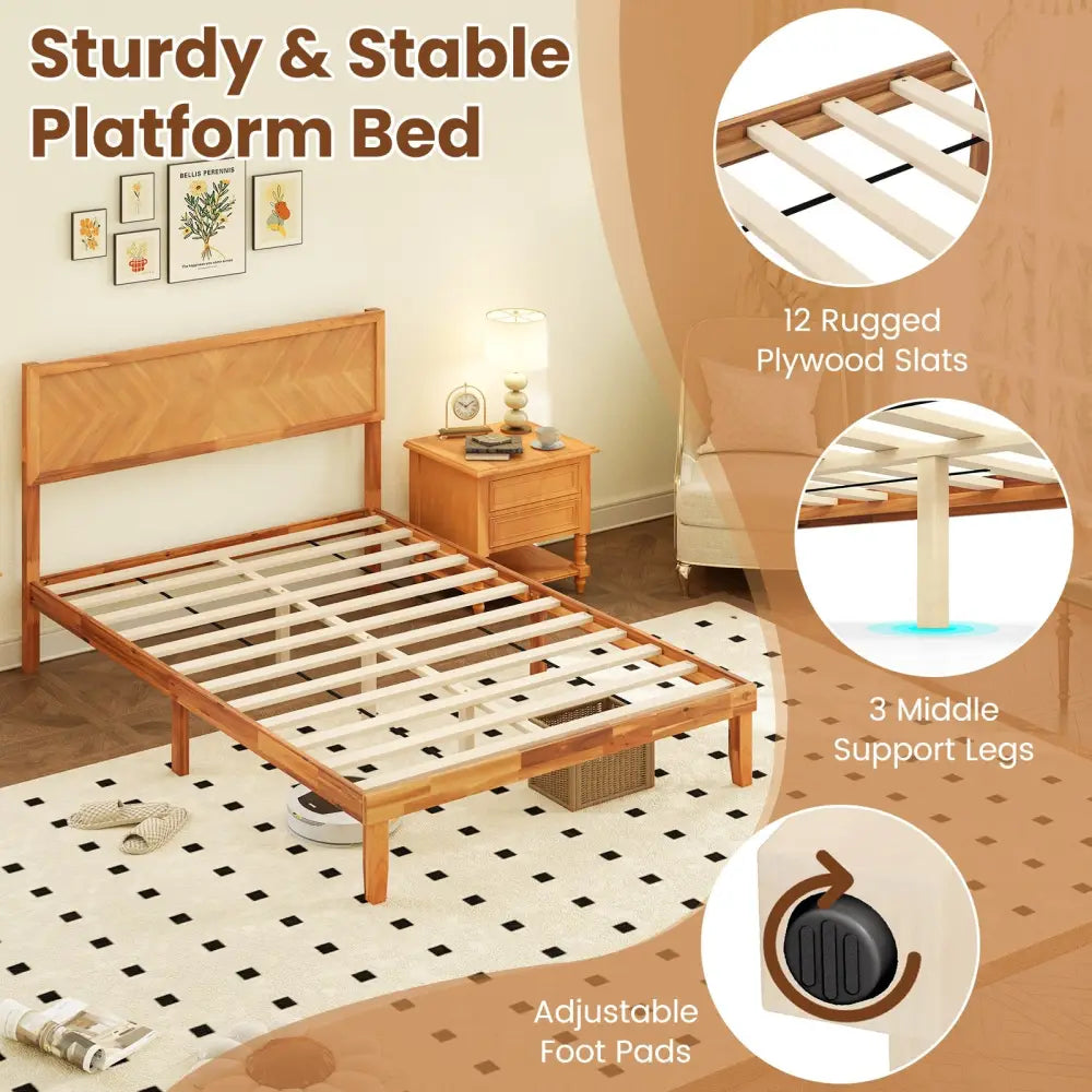 Twin/Full/Queen Size Bed Frame with Headboard and Storage Space-Full Size - Natural - Simple Bed Frame