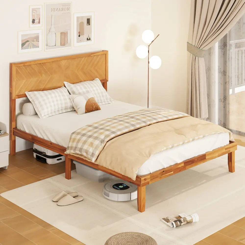 Twin/Full/Queen Size Bed Frame with Headboard and Storage Space-Full Size - Natural - Simple Bed Frame